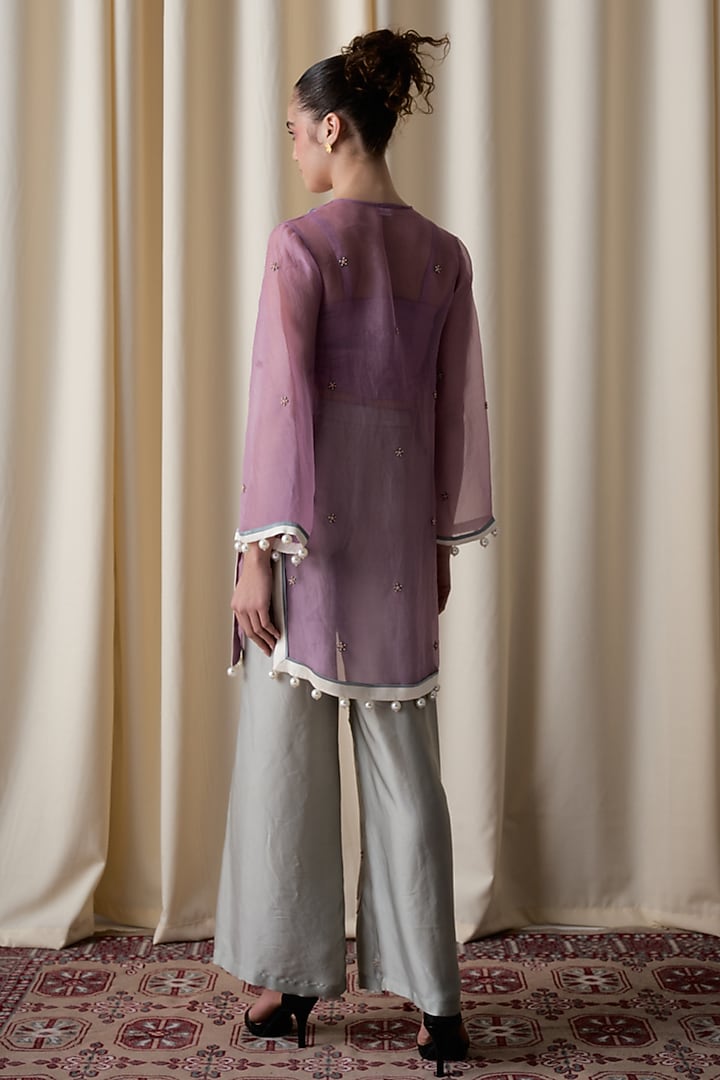 Lilac Silk Organza Hand & Machine Embroidered Kurta by Love Kiki at Pernia's Pop Up Shop