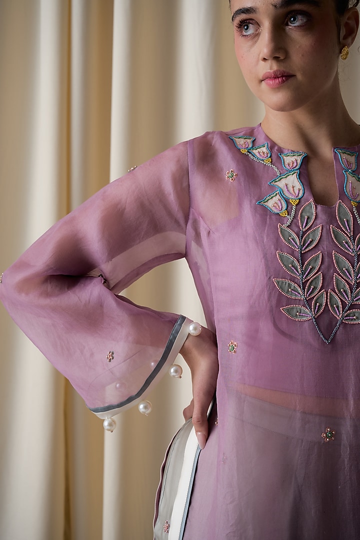 Lilac Silk Organza Hand & Machine Embroidered Kurta by Love Kiki at Pernia's Pop Up Shop
