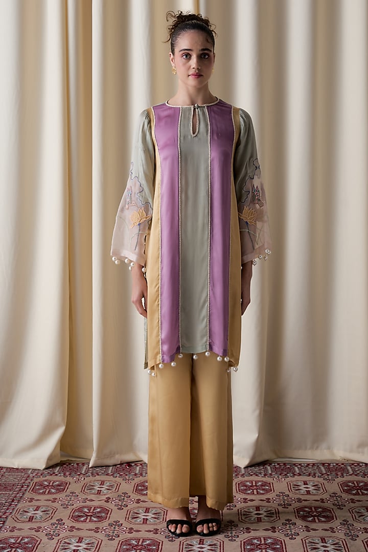 Multi-Colored Satin Machine Embroidered Kurta Set by Love Kiki at Pernia's Pop Up Shop