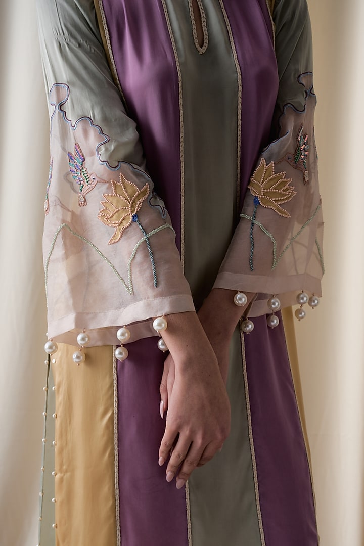 Multi-Colored Satin Machine Embroidered Kurta Set by Love Kiki at Pernia's Pop Up Shop