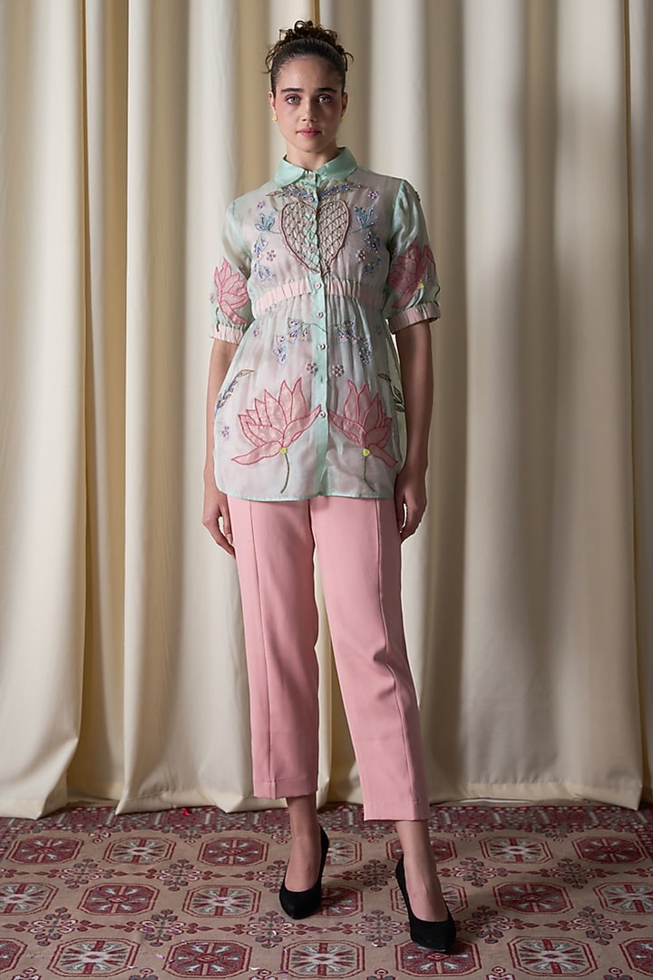 Mint Green Silk Organza Floral Embroidered Top by Love Kiki at Pernia's Pop Up Shop
