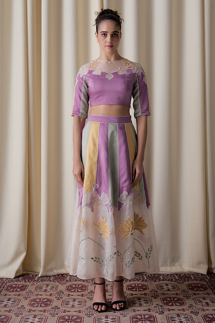 Multi-Colored Satin & Silk Organza Hand Embroidered Skirt Set by Love Kiki at Pernia's Pop Up Shop