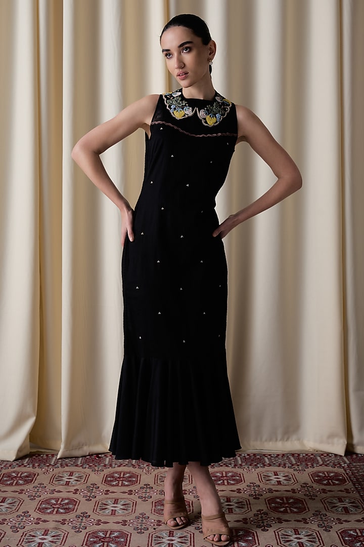 Black Silk Organza & Cotton Satin Embroidered Summer Dress by Love Kiki at Pernia's Pop Up Shop