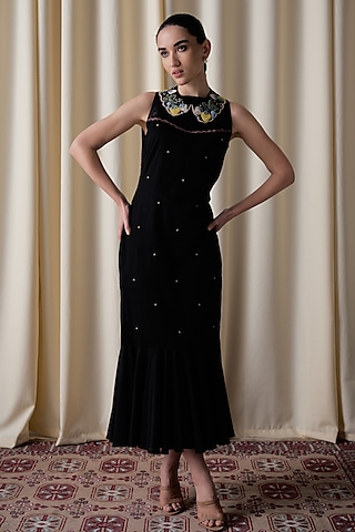 Black Silk Organza & Cotton Satin Embroidered Dress by Love Kiki