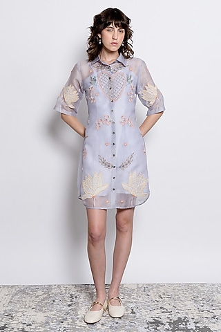 Powder Blue Silk Organza & Cotton Satin Shirt Dress by Love Kiki