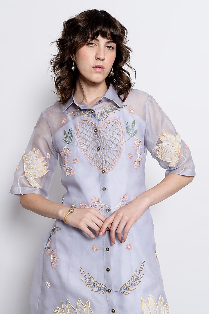 Powder Blue Silk Organza & Cotton Satin Vacation Shirt Dress by Love Kiki at Pernia's Pop Up Shop