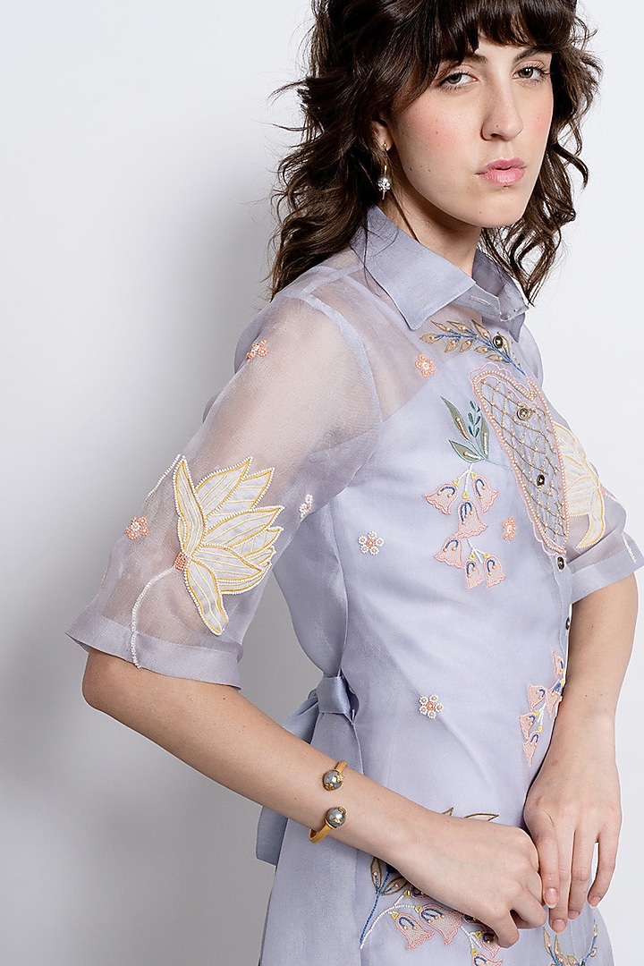 Powder Blue Silk Organza & Cotton Satin Vacation Shirt Dress by Love Kiki at Pernia's Pop Up Shop