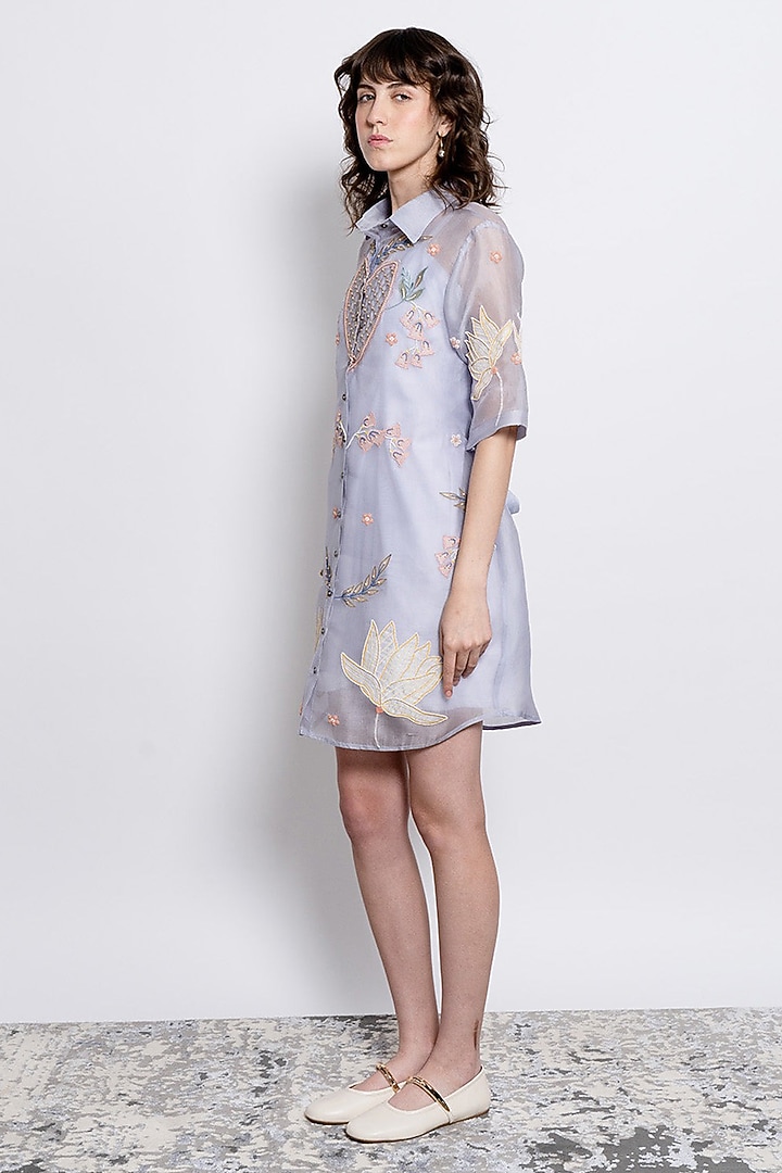 Powder Blue Silk Organza & Cotton Satin Vacation Shirt Dress by Love Kiki at Pernia's Pop Up Shop