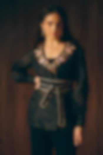 Black Silk Organza Floral Embroidered Wrapped Blazer Set by Love Kiki at Pernia's Pop Up Shop