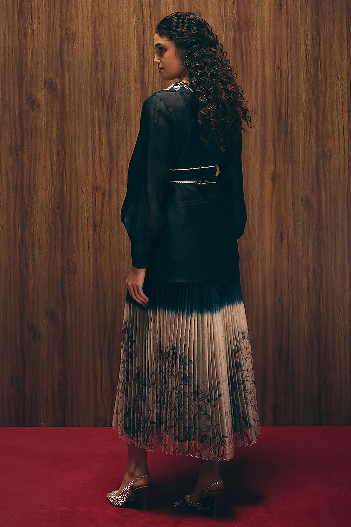 Black Silk Organza Floral Embroidered Wrapped Blazer Set by Love Kiki at Pernia's Pop Up Shop