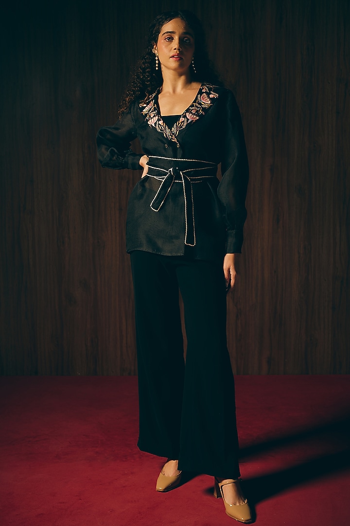 Black Silk Organza Floral Embroidered Wrapped Blazer Set by Love Kiki at Pernia's Pop Up Shop