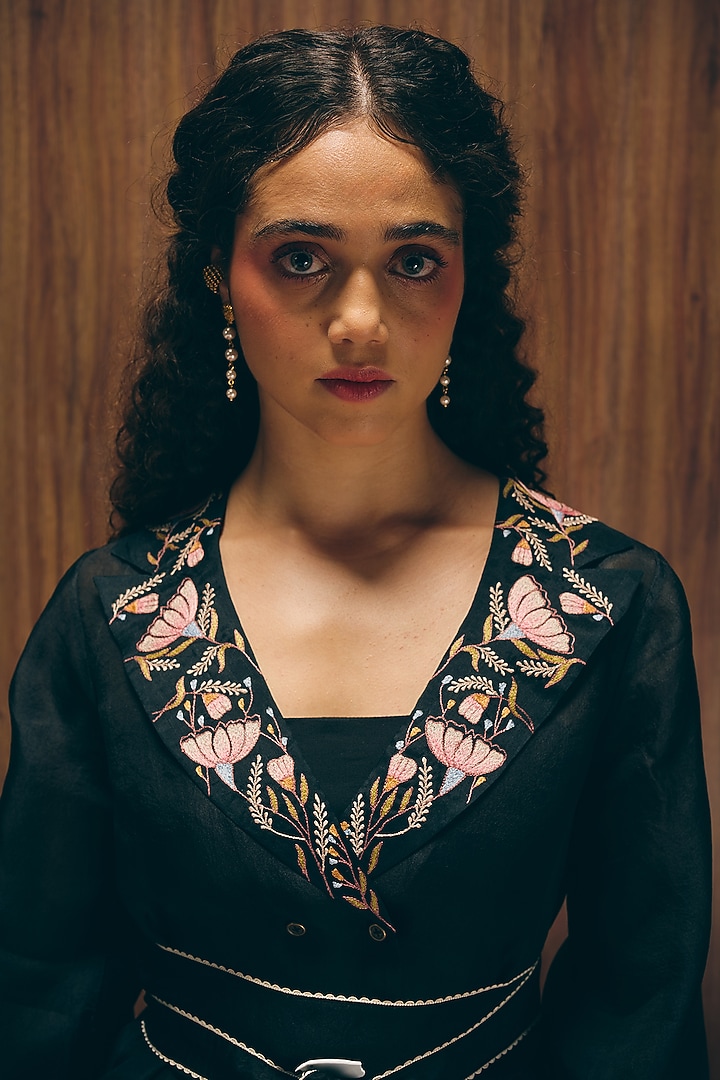 Black Silk Organza Floral Embroidered Wrapped Blazer Set by Love Kiki at Pernia's Pop Up Shop