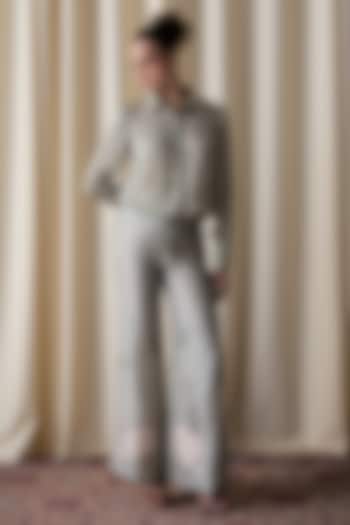 Green Satin Lotus Motif Embroidered Co-Ord Set by Love Kiki at Pernia's Pop Up Shop