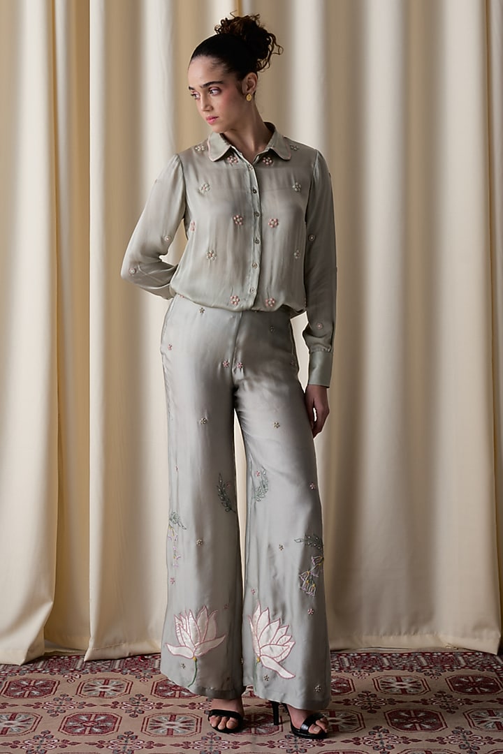 Green Satin Lotus Motif Embroidered Co-Ord Set by Love Kiki at Pernia's Pop Up Shop