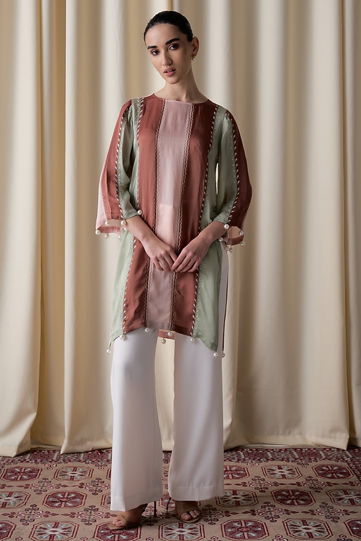 Multi-Colored Satin Organza Color-Blocked Kurta Set by Love Kiki at Pernia's Pop Up Shop