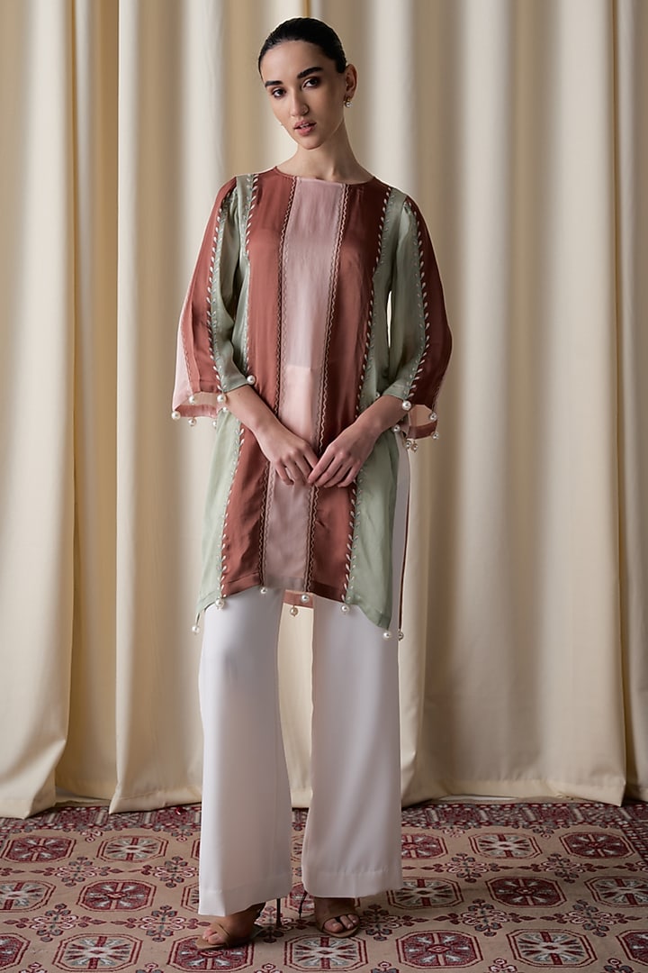 Multi-Colored Satin Organza Color-Blocked Kurta by Love Kiki at Pernia's Pop Up Shop
