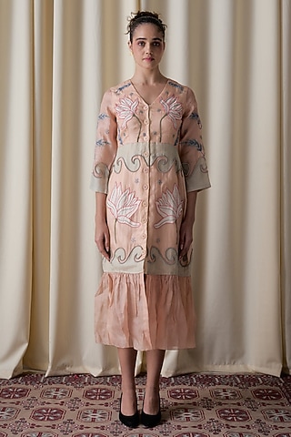 Peach Silk Organza Hand Embroidered A-line Midi Dress by Love Kiki