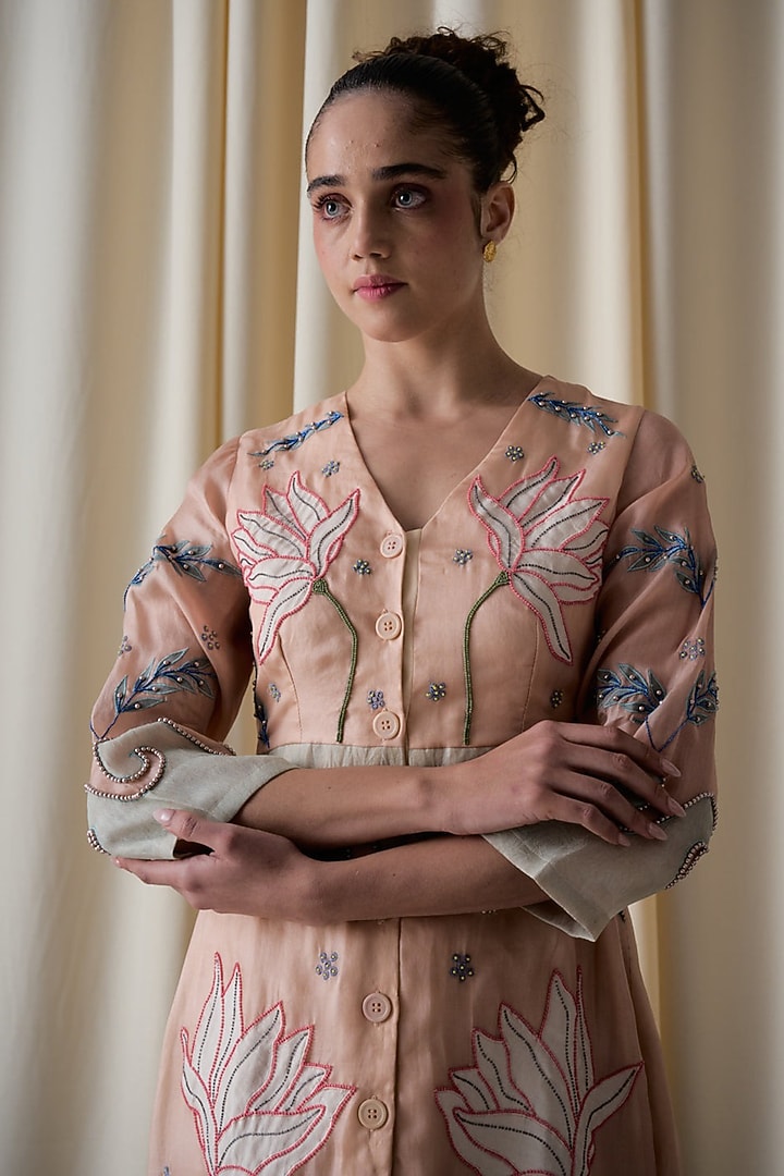 Peach Silk Organza Hand Embroidered A-line Midi Vacation Dress by Love Kiki at Pernia's Pop Up Shop