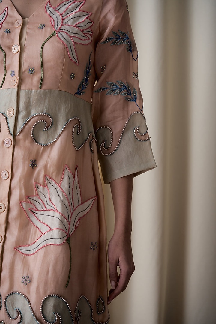 Peach Silk Organza Hand Embroidered A-line Midi Vacation Dress by Love Kiki at Pernia's Pop Up Shop