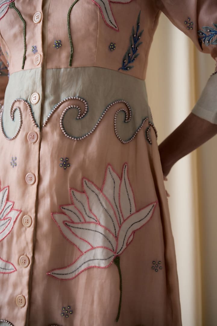 Peach Silk Organza Hand Embroidered A-line Midi Vacation Dress by Love Kiki at Pernia's Pop Up Shop