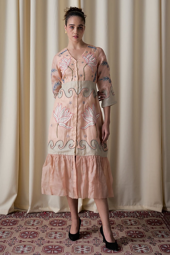 Peach Silk Organza Hand Embroidered A-line Midi Vacation Dress by Love Kiki at Pernia's Pop Up Shop