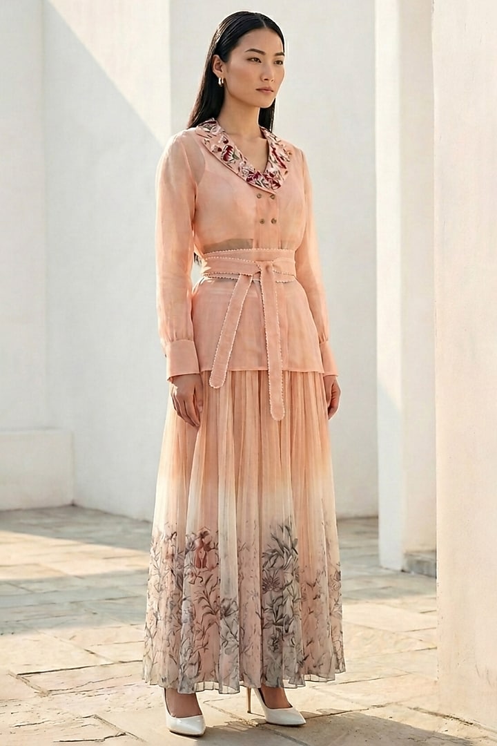 Blush Peach Organza Pleated Skirt Set by Love Kiki at Pernia's Pop Up Shop