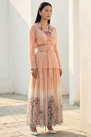 Blush Peach Organza Pleated Skirt Set by Love Kiki