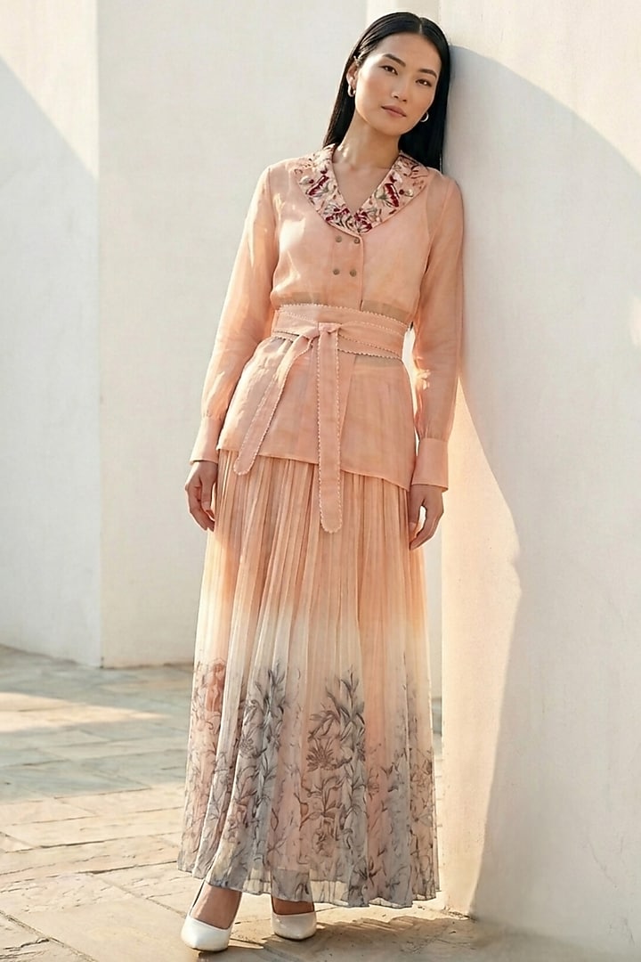 Blush Peach Organza Pleated Skirt Set by Love Kiki at Pernia's Pop Up Shop