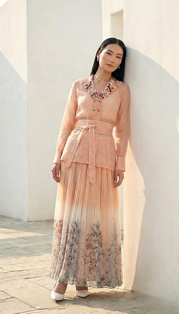 Blush Peach Organza Pleated Skirt Set by Love Kiki at Pernia's Pop Up Shop