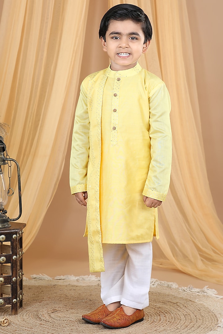Yellow Cotton Embroidered Kurta Set For Boys by Kinder Kids