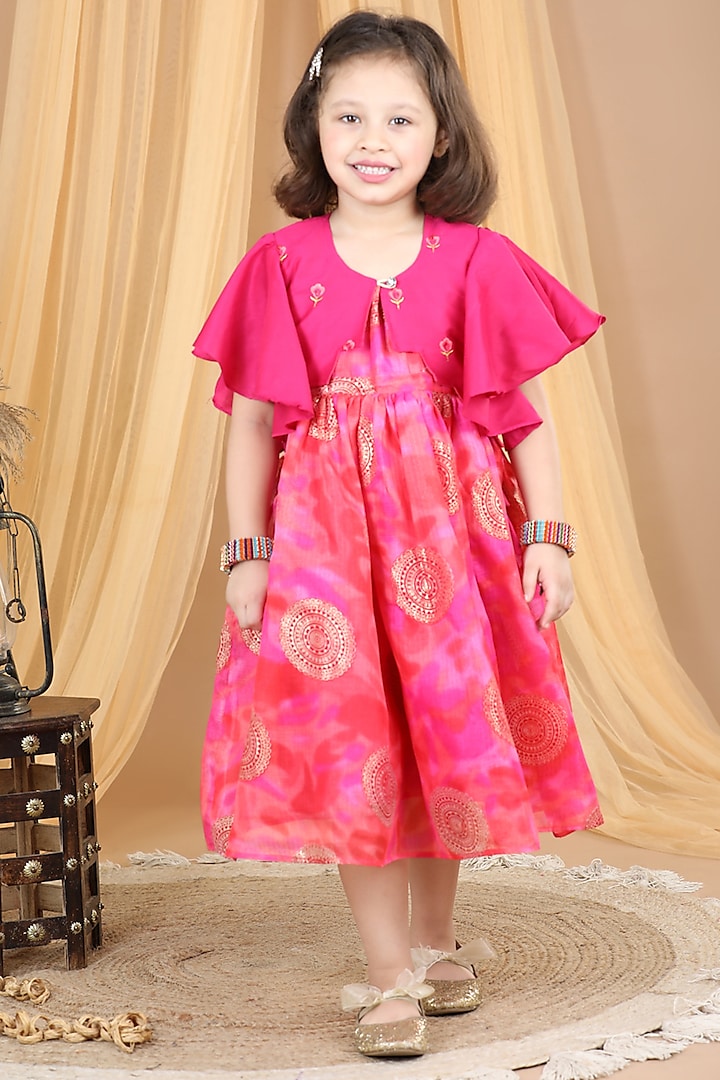 Pink Cotton Printed Jacket Dress For Girls by Kinder Kids