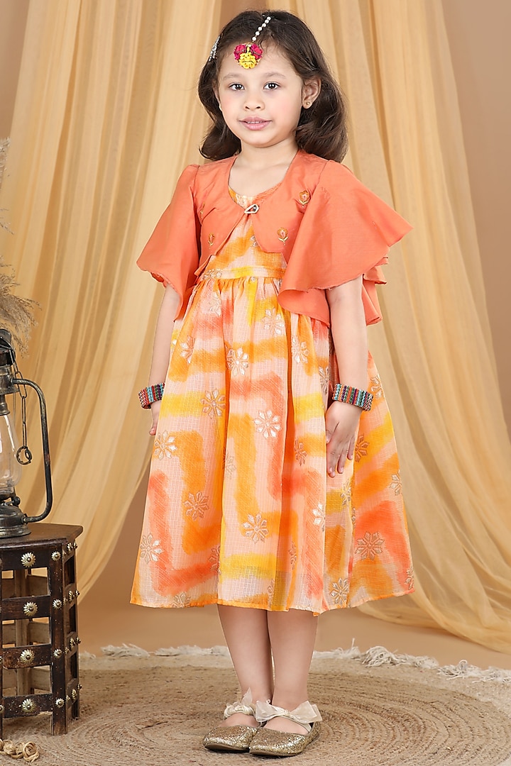 Yellow & Orange Cotton Printed Jacket Dress For Girls by Kinder Kids