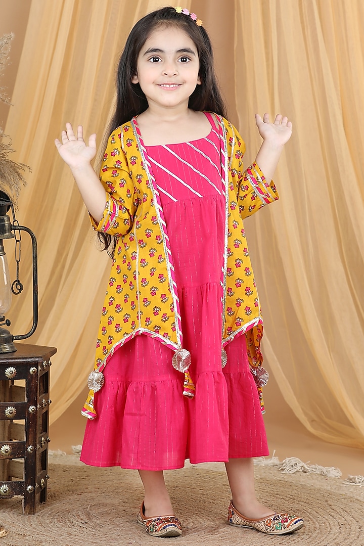 Pink & Yellow Cotton Printed Jacket Dress For Girls by Kinder Kids