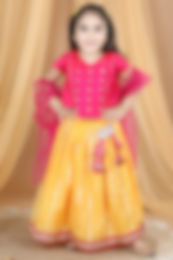 Yellow Cotton Printed Lehenga Set For Girls by Kinder Kids