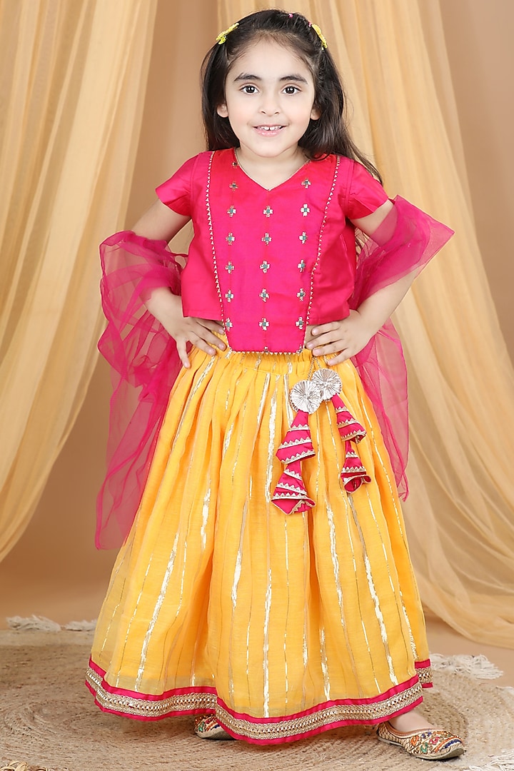 Yellow Cotton Printed Lehenga Set For Girls by Kinder Kids