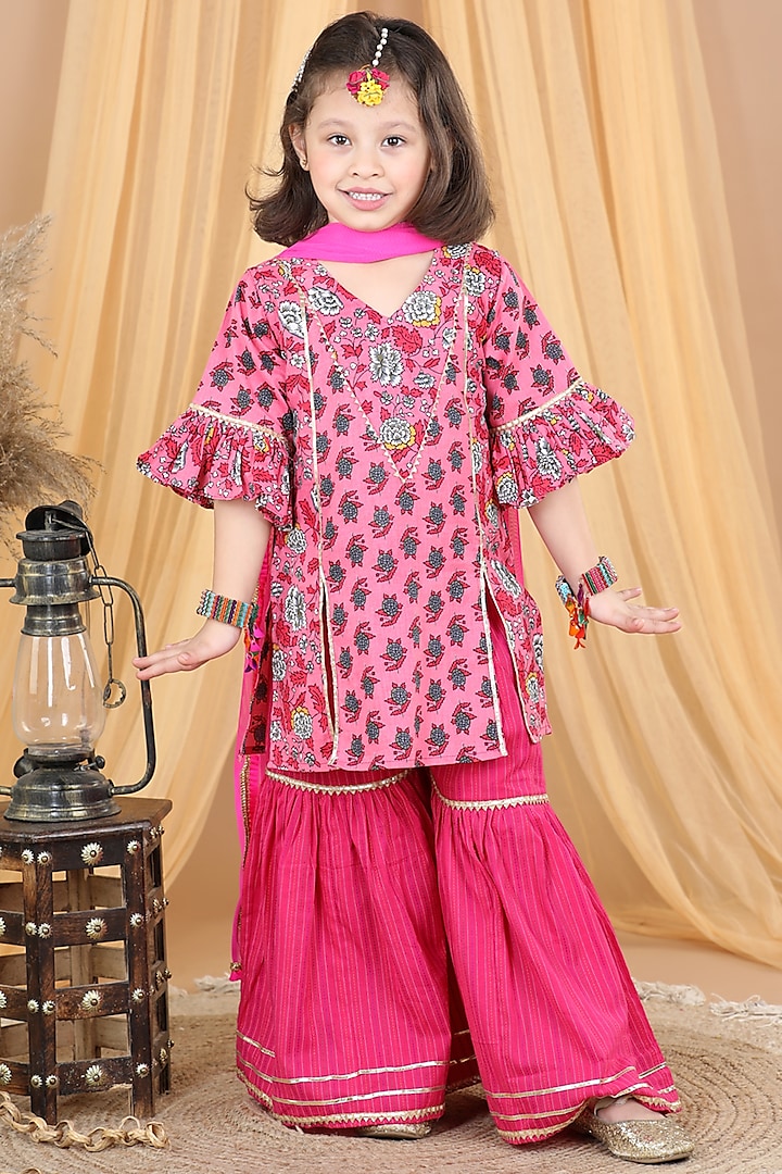 Pink Cotton Sharara Set For Girls by Kinder Kids