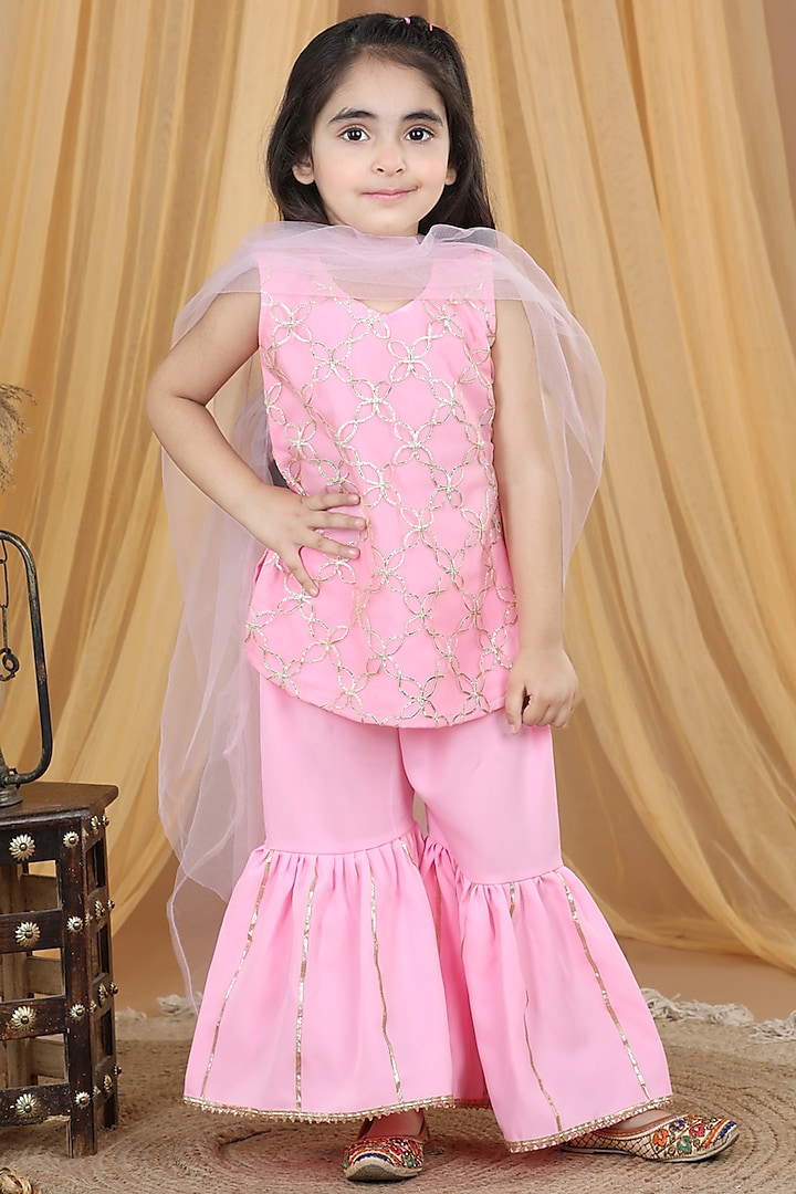 Pink Cotton & Net Sharara Set For Girls by Kinder Kids