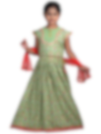 Green & Red Printed Lehenga Set For Girls by Kinder Kids at Pernia's Pop Up Shop