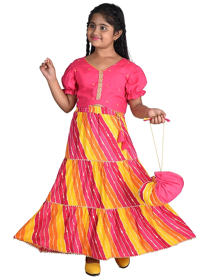 Pink & Orange Printed Lehenga Set For Girls by Kinder Kids at Pernia's Pop Up Shop