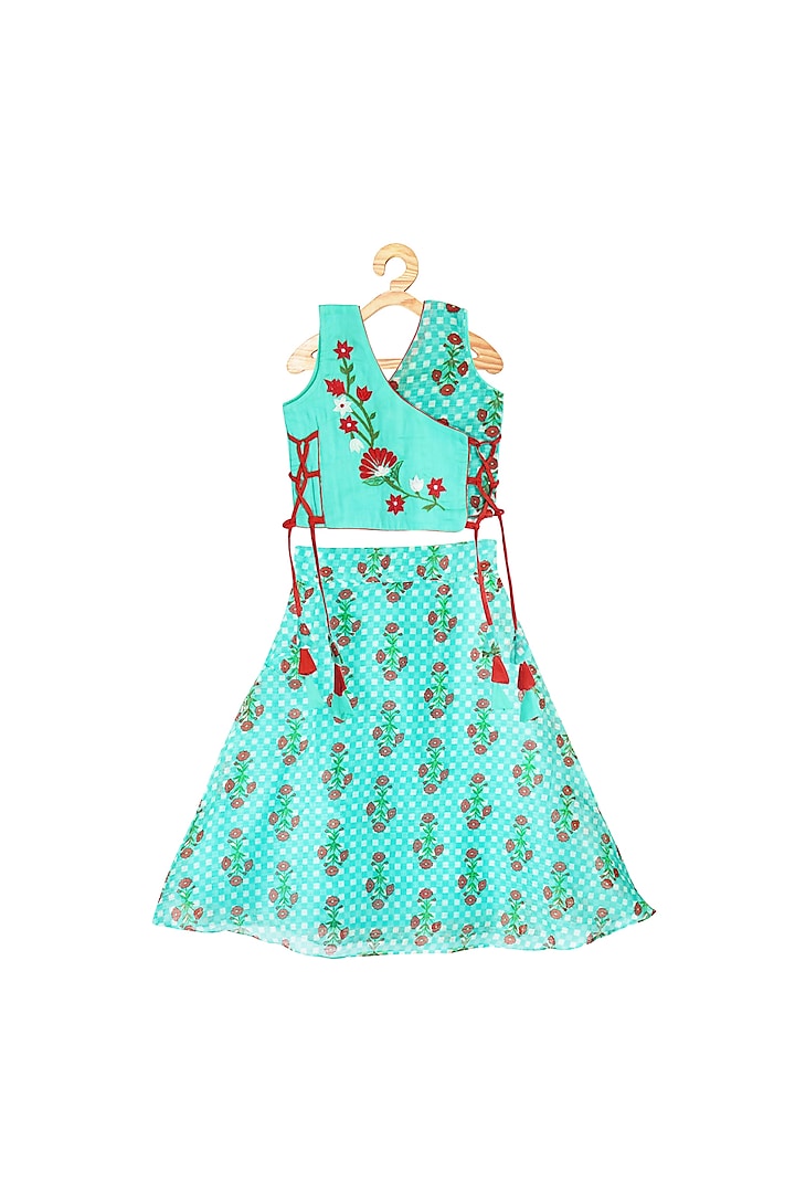 Green & Red Printed Cotton Lehenga Set For Girls by Kinder Kids