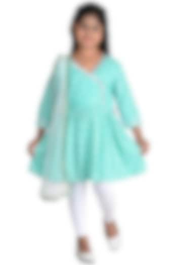 Blue Embroidered Angrakha Kurta Set For Girls by Kinder Kids