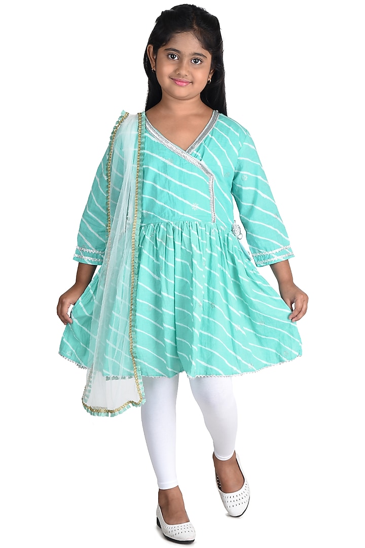 Blue Embroidered Angrakha Kurta Set For Girls by Kinder Kids