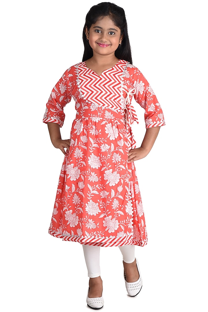 Red Pure Cotton Kurta Set For Girls by Kinder Kids