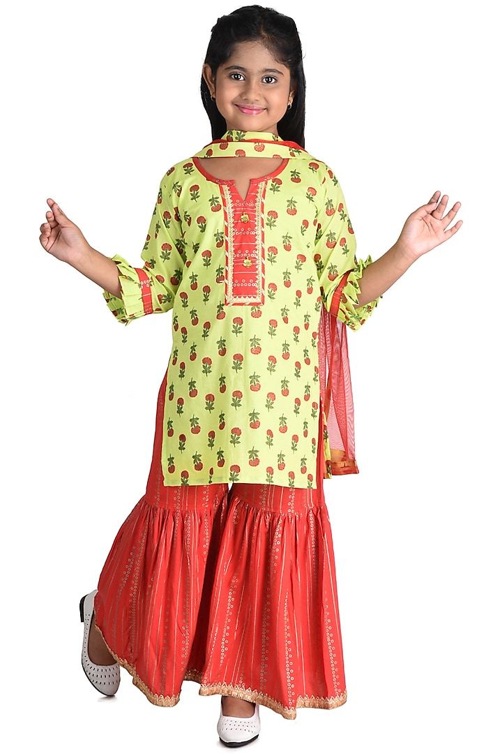 Red Pure Cotton Sharara Set For Girls by Kinder Kids