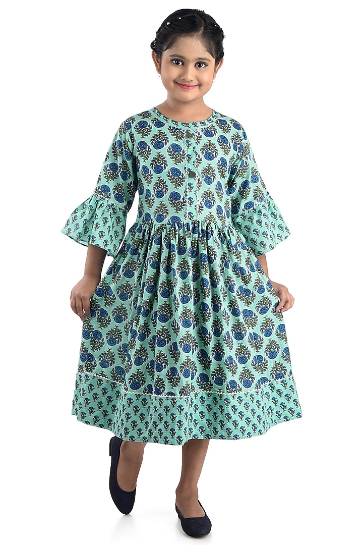 Blue Floral Printed Dress For Girls by Kinder Kids