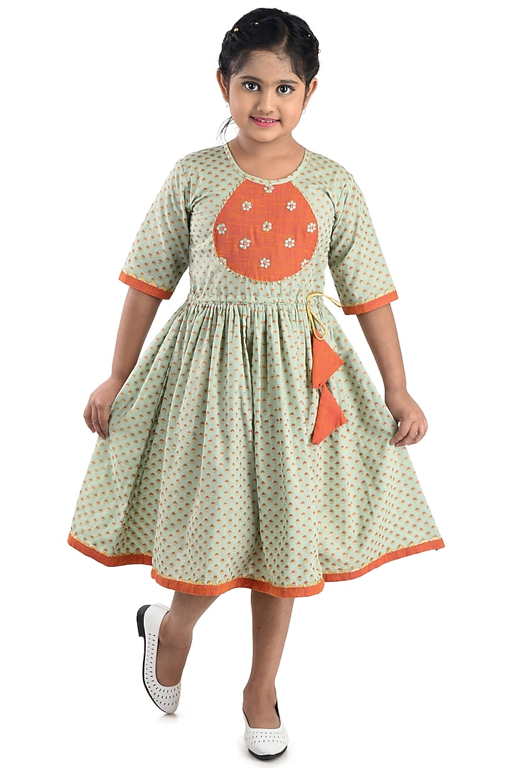 Green & Orange Printed Dress For Girls by Kinder Kids at Pernia's Pop Up Shop