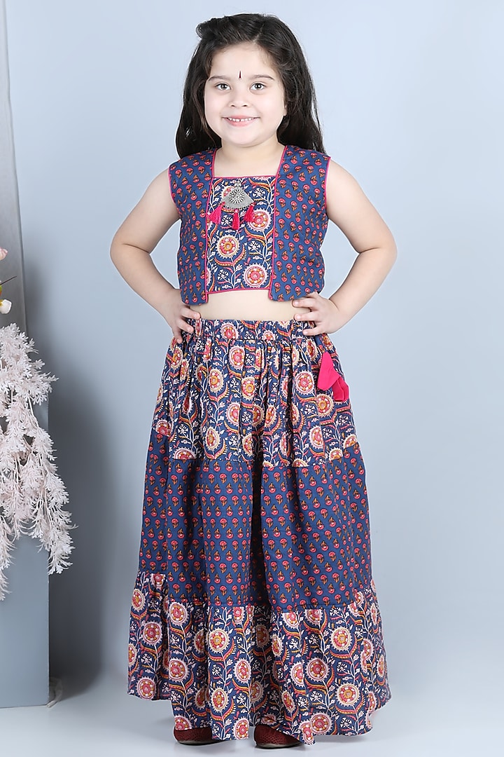 Blue Printed Lehenga Set For Girls by Kinder Kids at Pernia's Pop Up Shop