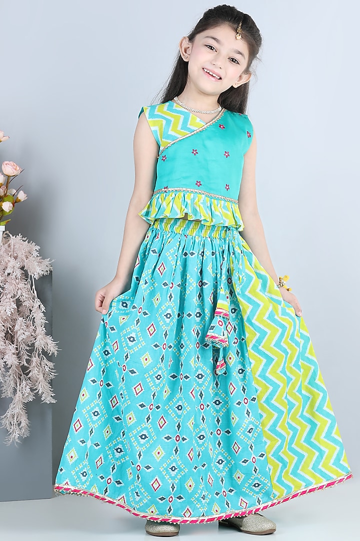 Blue Lehenga Set With Print For Girls by Kinder Kids at Pernia's Pop Up Shop