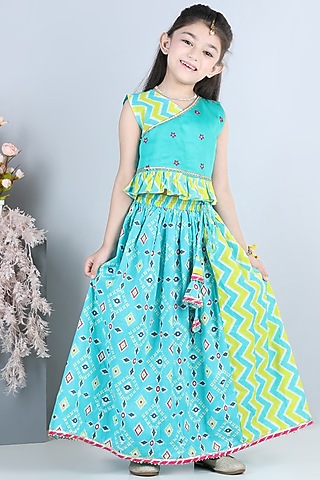Blue Lehenga Set With Print For Girls by Kinder Kids