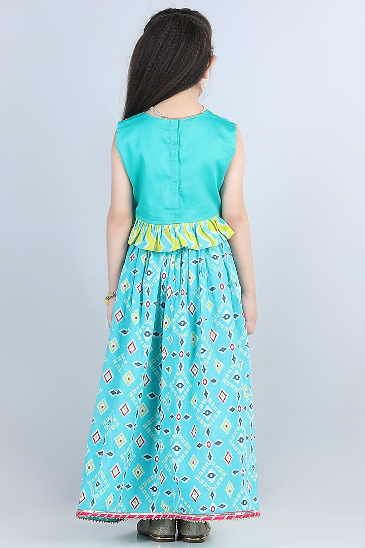 Blue Lehenga Set With Print For Girls by Kinder Kids at Pernia's Pop Up Shop